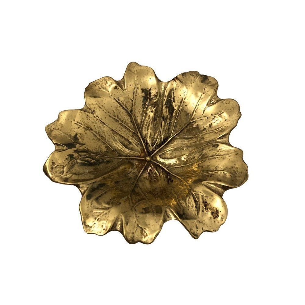 Vintage Gold Brass Leaf Catchall Dish Footed Bowl Metalwork